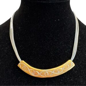 Chico's Bib Statement Necklace Multi Leather Cords Silver & Gold Tone Metal